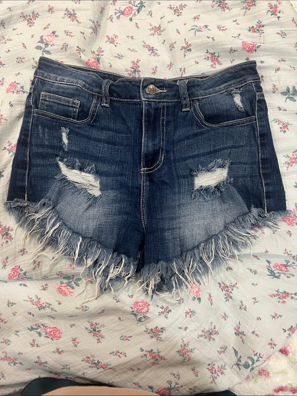 Cello Dark Blue Distressed Frayed Hem Denim Shorts